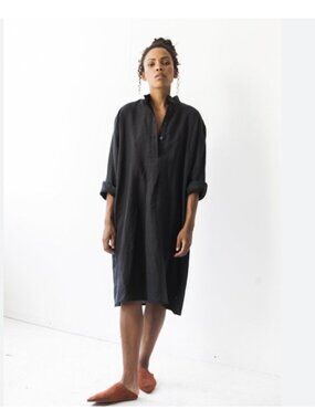 The Sleep Shirt Nightshirt Womens One Size Black Linen Henley Long Sleeve Chemis